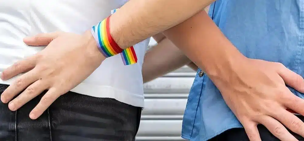 seccion media pareja gay que abrazan mientras estan al aire libre min