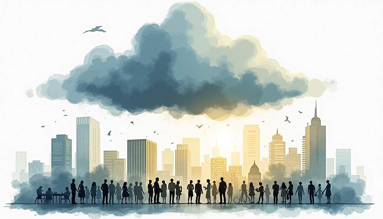 dibujo de nube sobre ciudad con personas