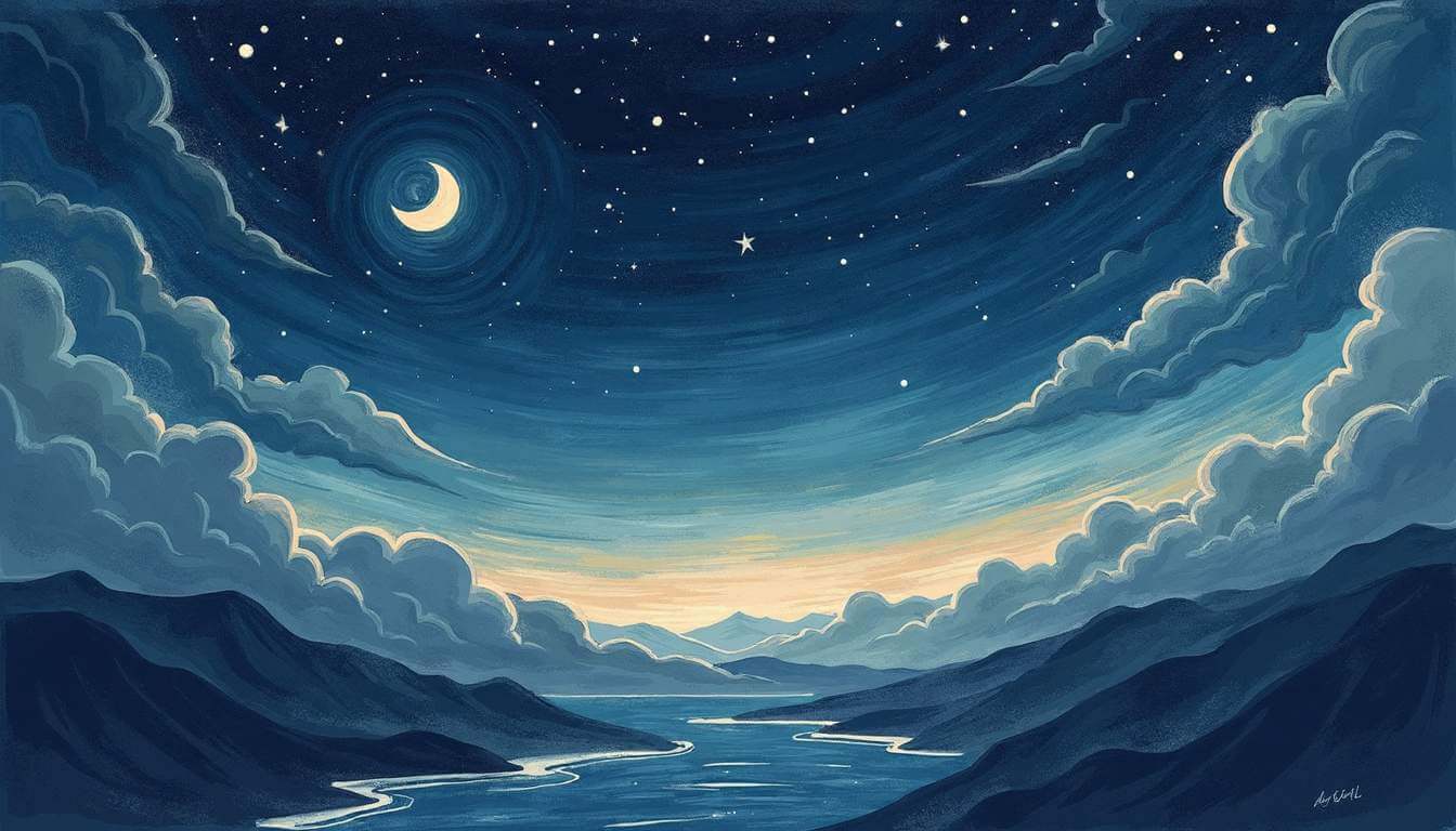 dibujo montañas y río de noche