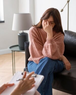 mujer estresada sentada en un sofa