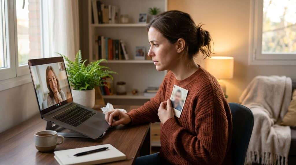 mujer con psicóloga online especializada en duelo